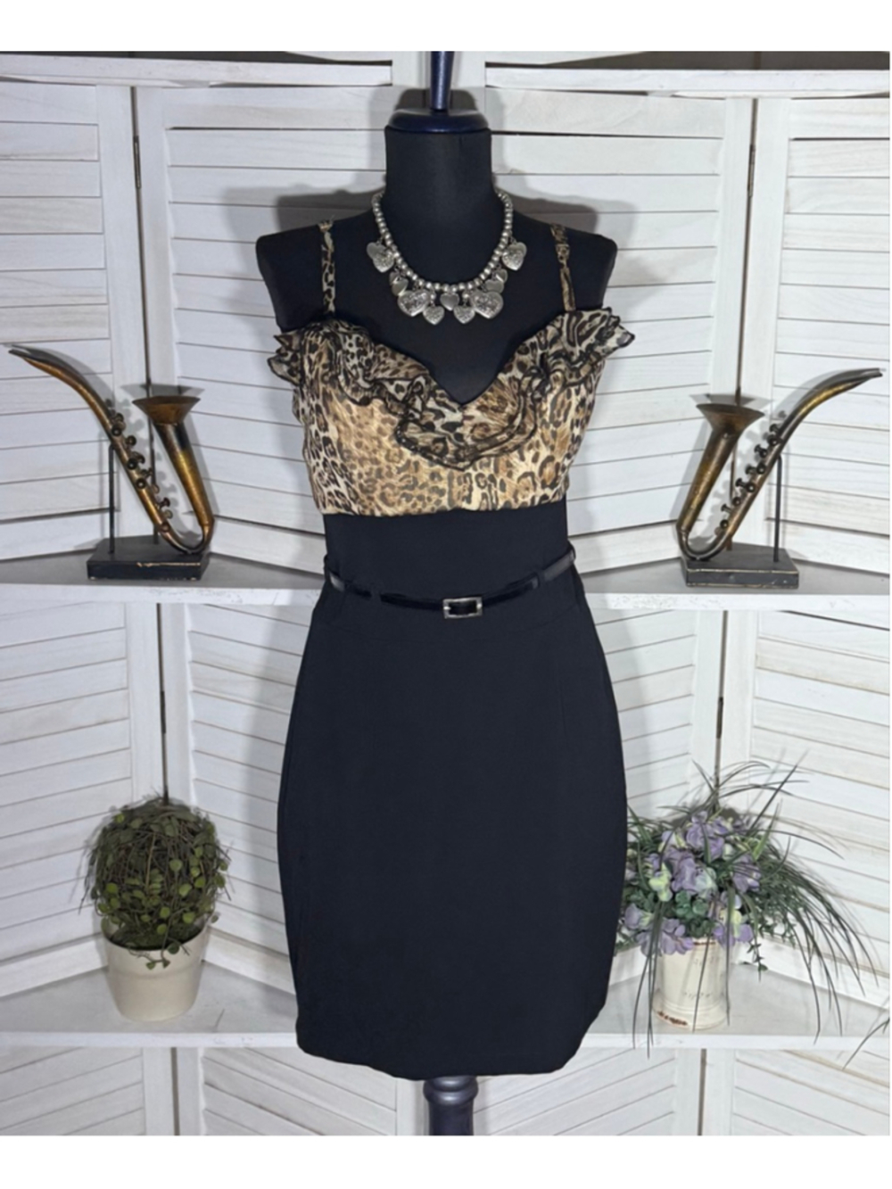 Ruby Rox vintage Y2K dress animal print black sweetheart ruffles cocktail L 11